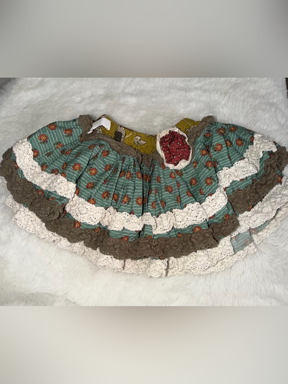 Mustard Pie Floral Ruffle Skirt with Brown and Cream Trim